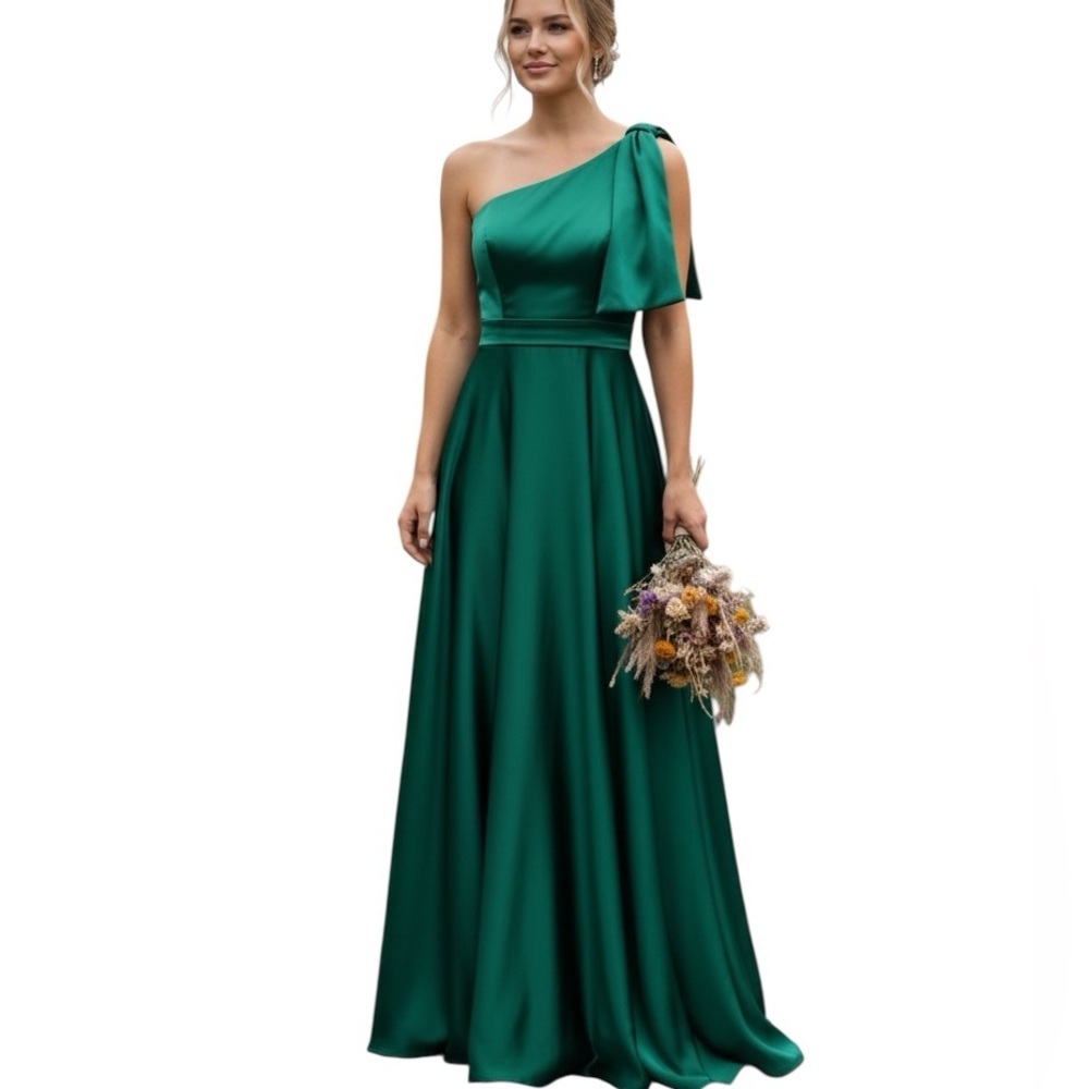 Miss Veil One Shoulder Satin Long Bridesmaid Dress A Line Formal Prom Train 12